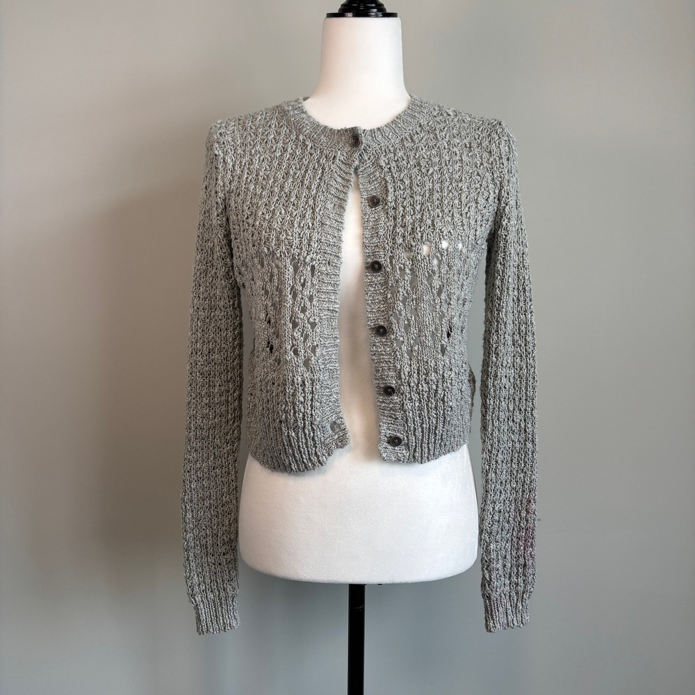 Roxy Open Knit Cardigan Button Front Cottagecore Soft Girl Gray Women's Small